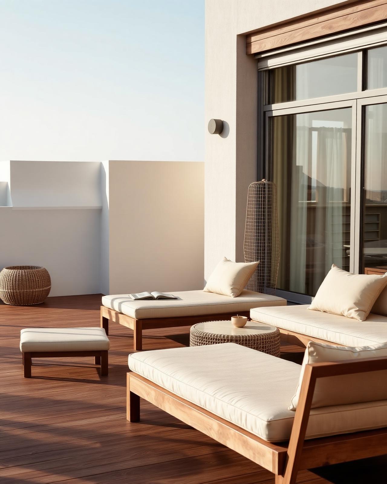 Premium teak outdoor lounge furniture with sand cushions on a timber deck