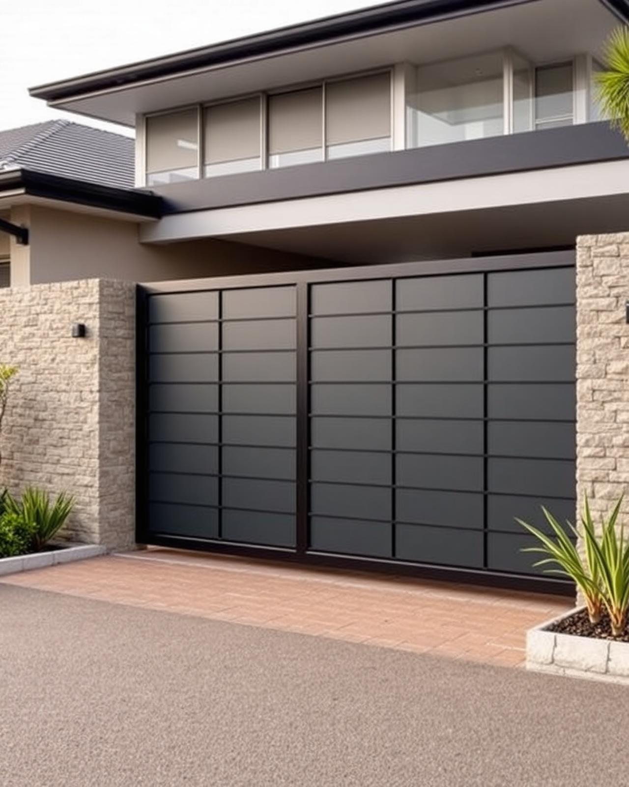Architectural automated driveway gate in dark aluminium battens