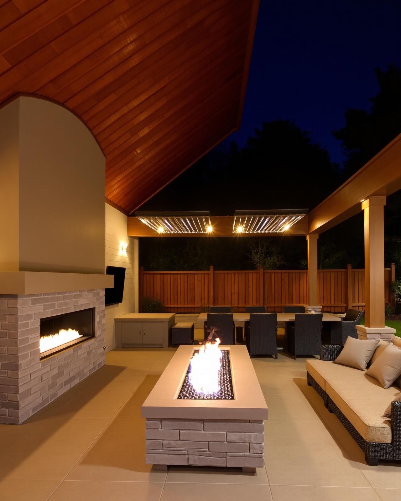 Outdoor entertaining area at night with linear fireplace, television and heaters