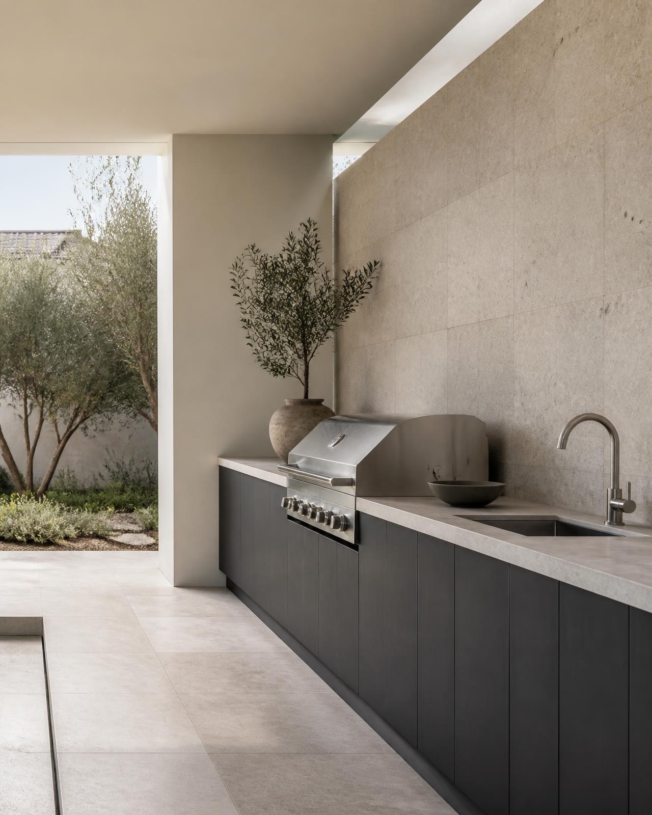 Premium outdoor kitchen with charcoal cabinetry and honed stone benchtop