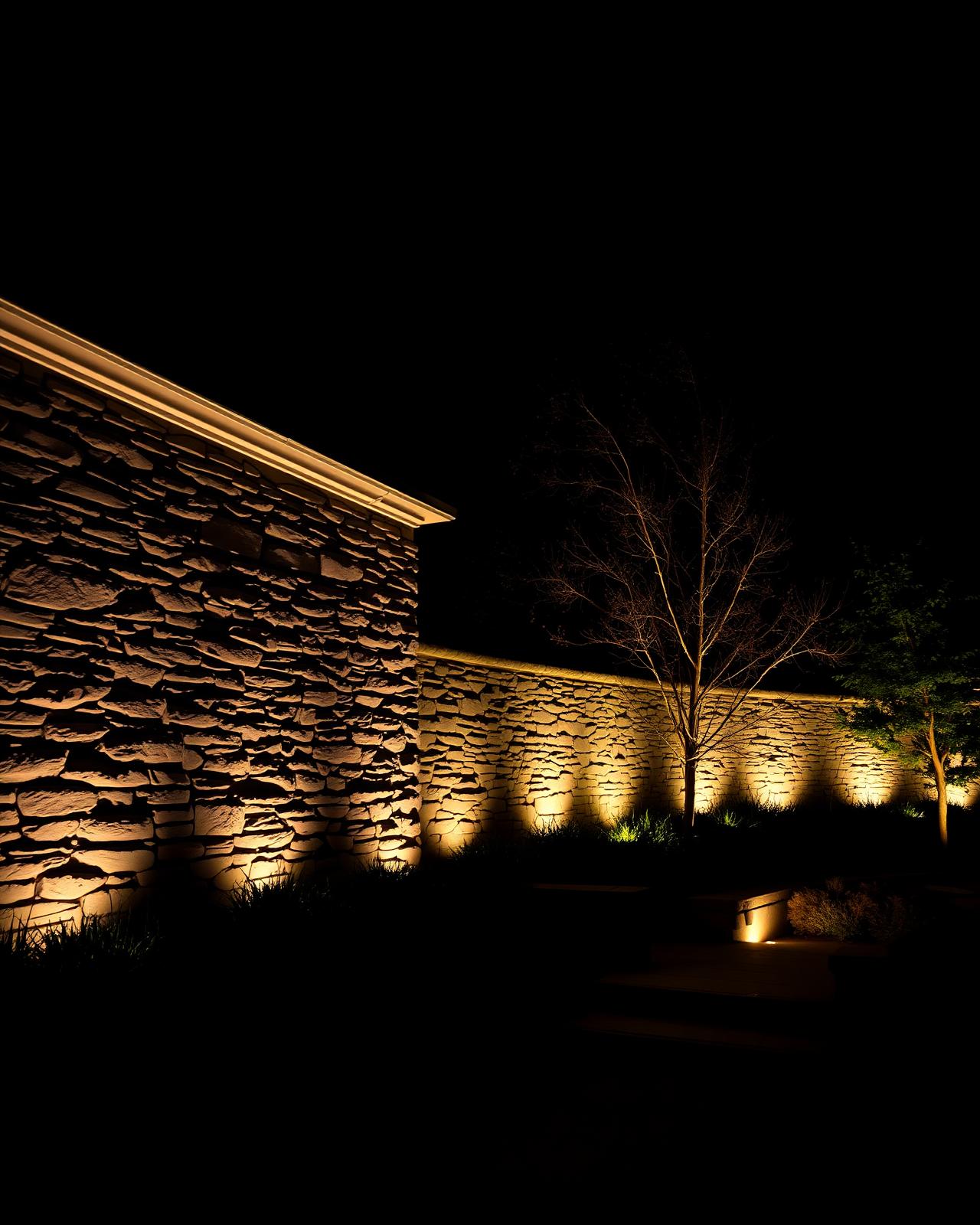 Architectural outdoor lighting grazing a stone wall at night