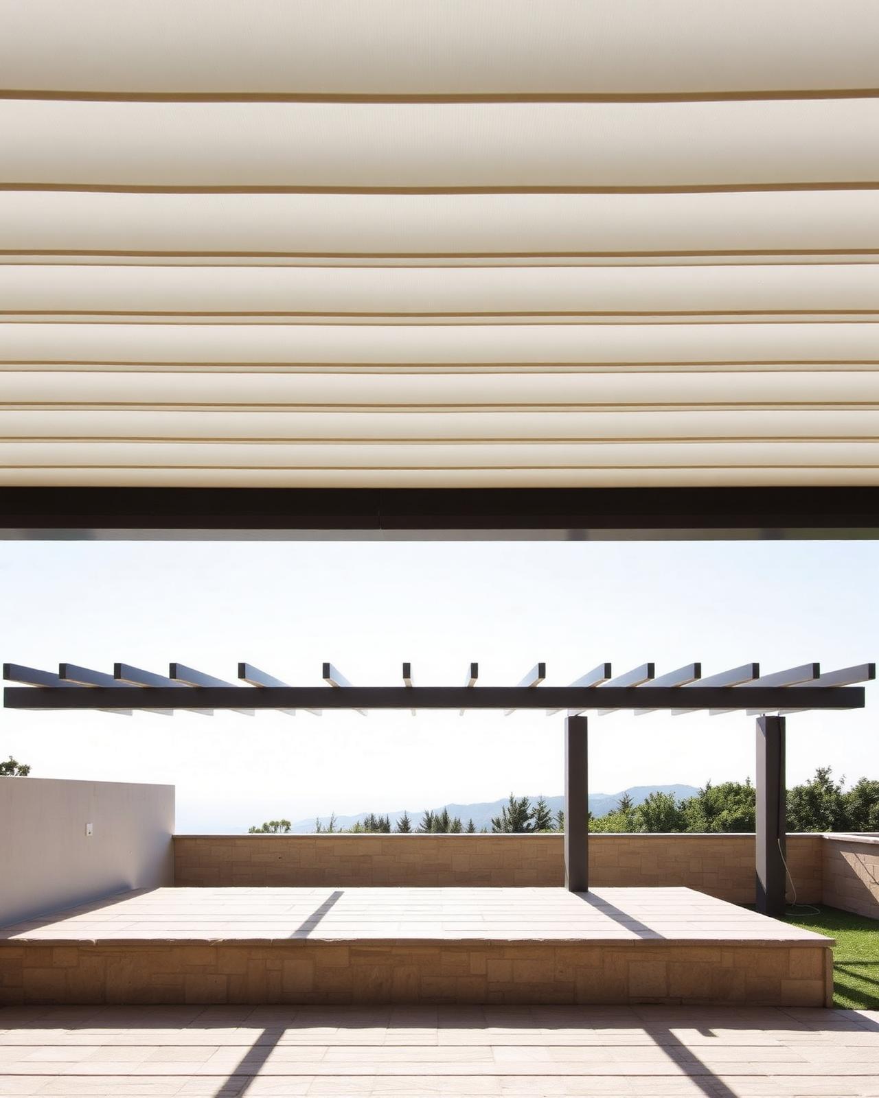 Architectural louvred roof pergola over a stone terrace