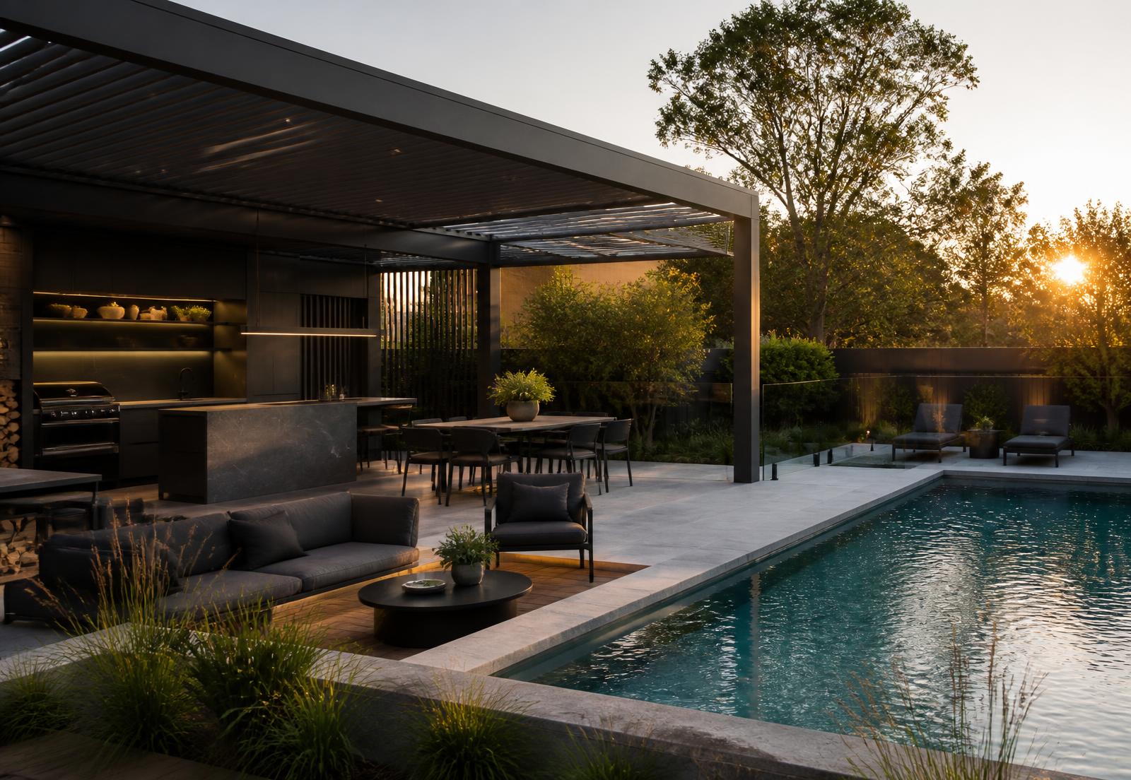 Complete luxury outdoor environment with pool, pergola, kitchen and lounge