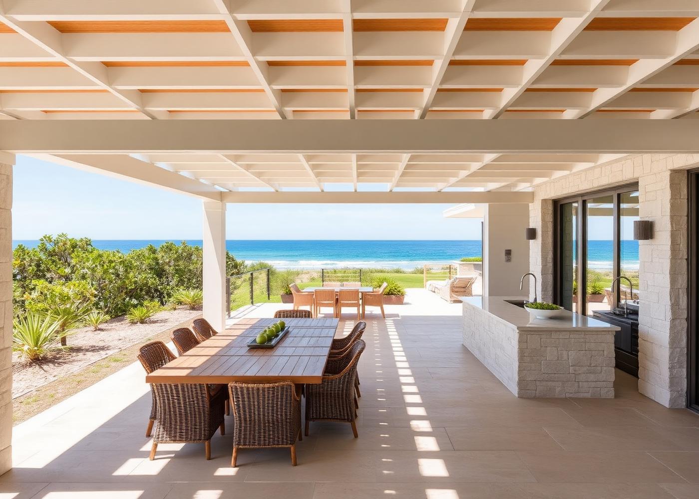 Coastal Australian residence outdoor dining terrace with ocean view