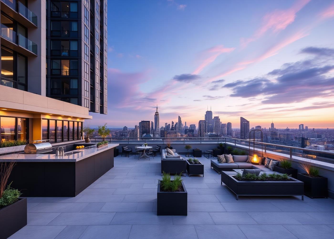 Rooftop amenity terrace with outdoor kitchen and lounge seating at dusk